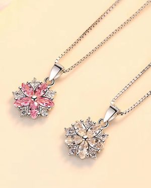Pink Crystal Flower Chain -Sterling Silver